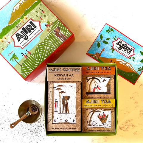 Assortment of Ajiri Teas and Coffee including Kenyan AA Ground and Kenyan Black Tea with Mango and Kenyan Black Tea with Lemon Myrtle. Enjoy premium African Teas and Coffee in this handcrafted and unique gift box. 