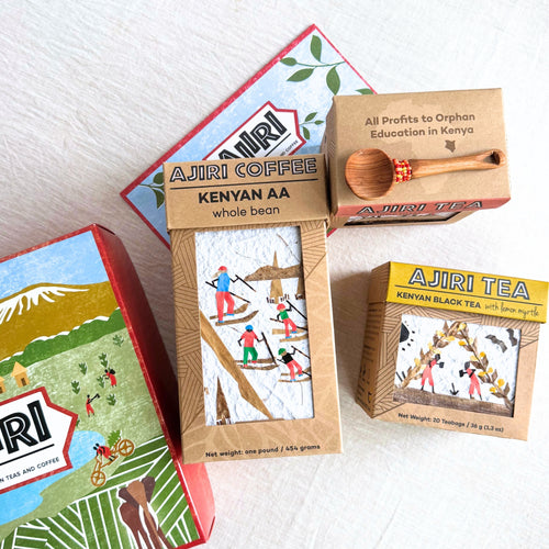 Ajiri Tea gift box with Kenyan AA whole bean coffee, Kenyan Black Tea with lemon myrtle and a hand-carved beaded wooden scoop