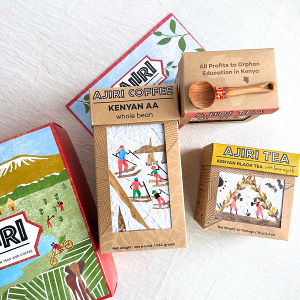 Ajiri Tea gift box with Kenyan AA whole bean coffee, Kenyan Black Tea with lemon myrtle and a hand-carved beaded wooden scoop
