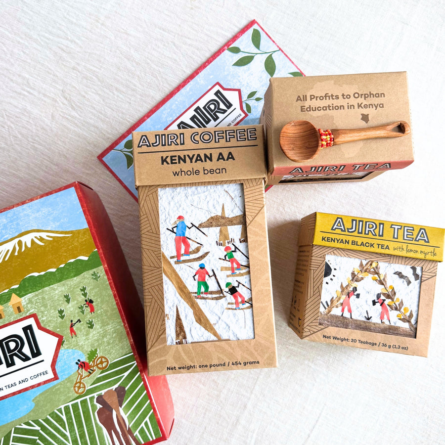Ajiri Tea gift box with Kenyan AA whole bean coffee, Kenyan Black Tea with lemon myrtle and a hand-carved beaded wooden scoop