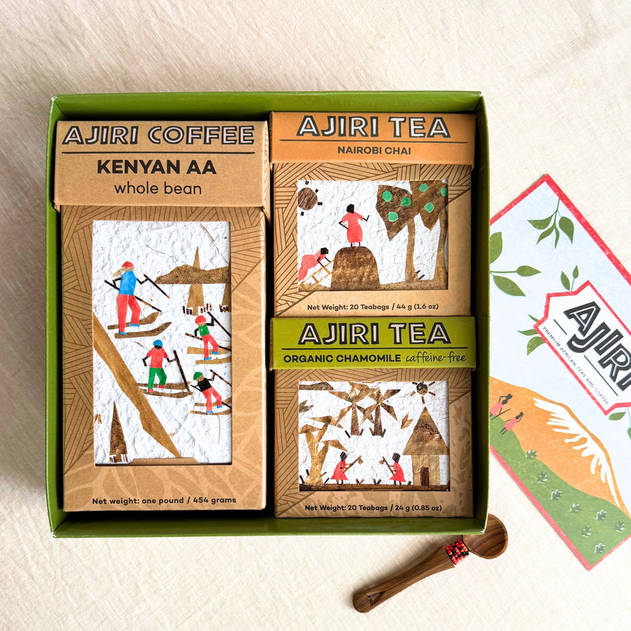 Open Ajiri gift box with Kenyan AA coffee, Nairobi Chai and Organic Chamomile, plus gift card and wooden scoop