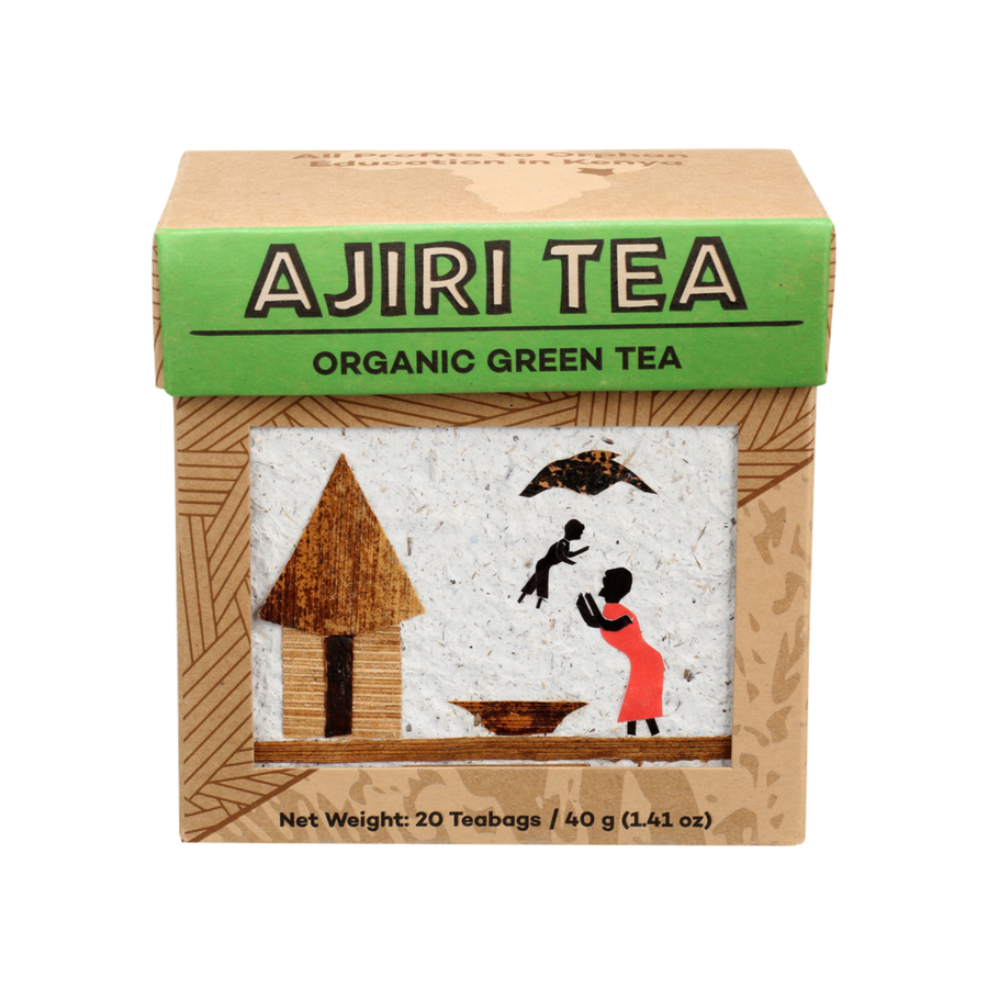 Ajiri Tea Organic Green Tea box with handmade banana-bark label