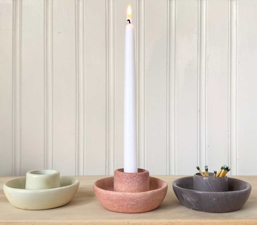 Soapstone candle holders in cream, pink and gray showing natural stone color variation