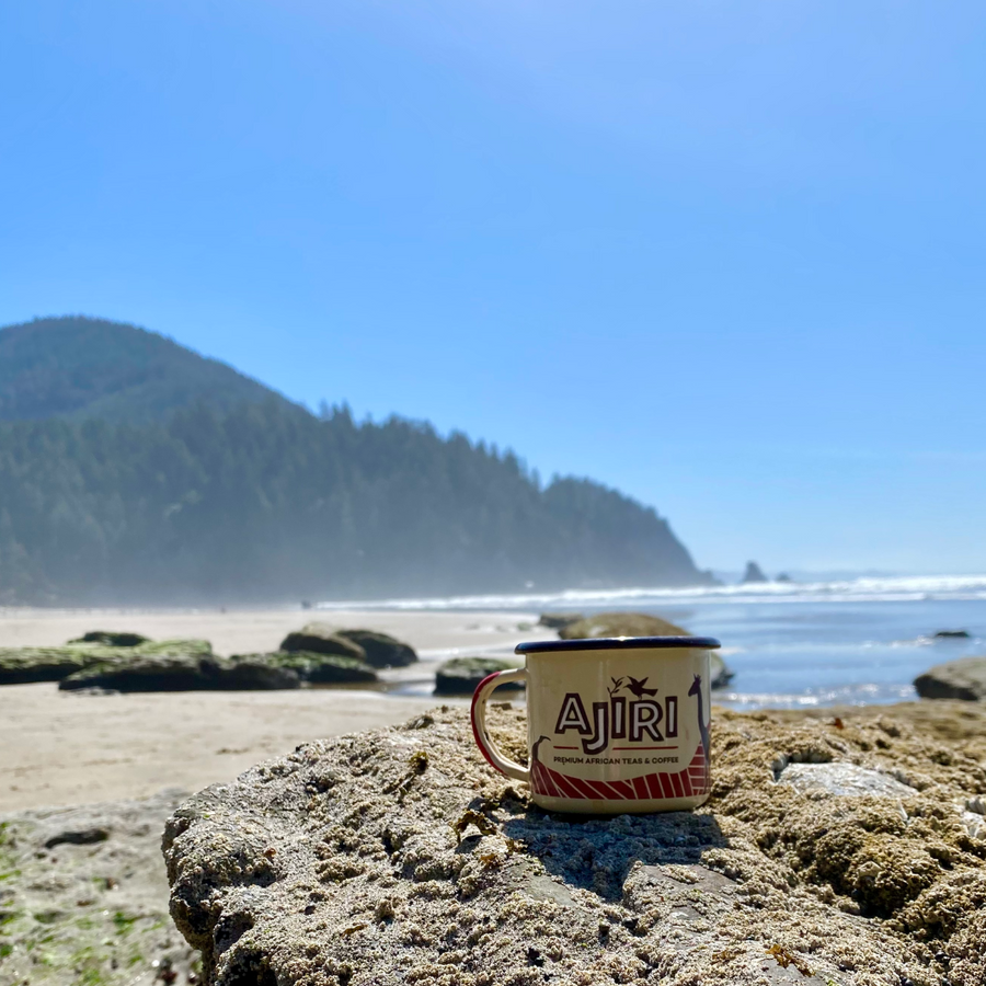 Ajiri enamel camping mug. Perfect for outdoor adventures and for enjoying Ajiri Kenyan Teas and Ajiri Kenyan Coffee,