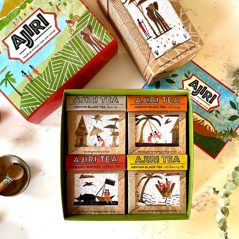 Unique gift box that includes loose Kenyan Tea, Kenyan Black Tea with Mango, Organic South African Rooibos, Kenyan Black Tea with Lemon. Complete with a card and a hand carved wooden spoon. Perfect gift for tea lovers! Perfect gift for art lovers! Perfect gift for lovers! 