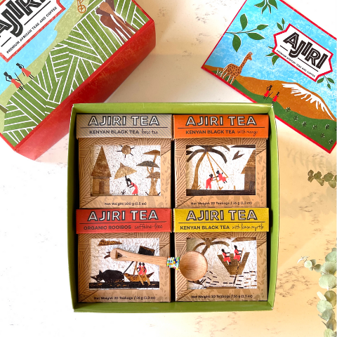 Beautiful assortment of Kenyan Teas including Premium Loose Black Kenyan Tea, Kenyan Black Tea with Mango, Organic South African Rooibos, Kenyan Black Tea with Lemon Myrtle. 